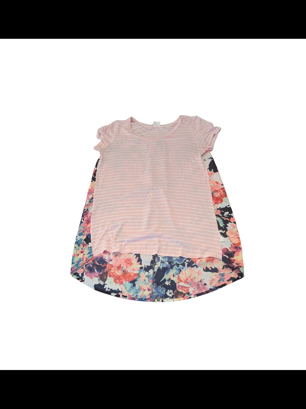 EUC Wanna B Womens Medium Floral Stripe Lo Hi Tunic Short Sleeve Top Pink